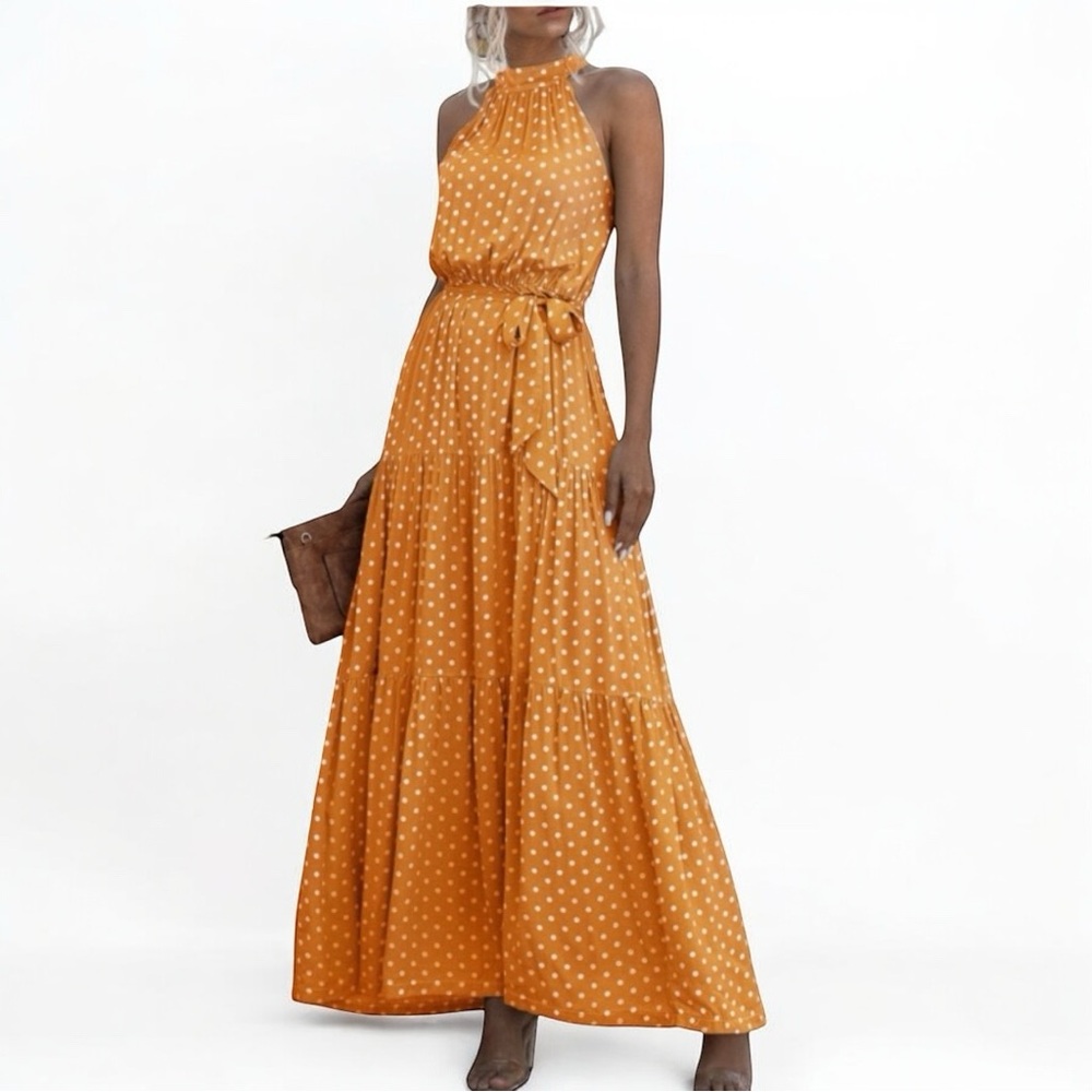 Aluna Levi 🧡 🍊 Polka Dot Halter Maxi Dress